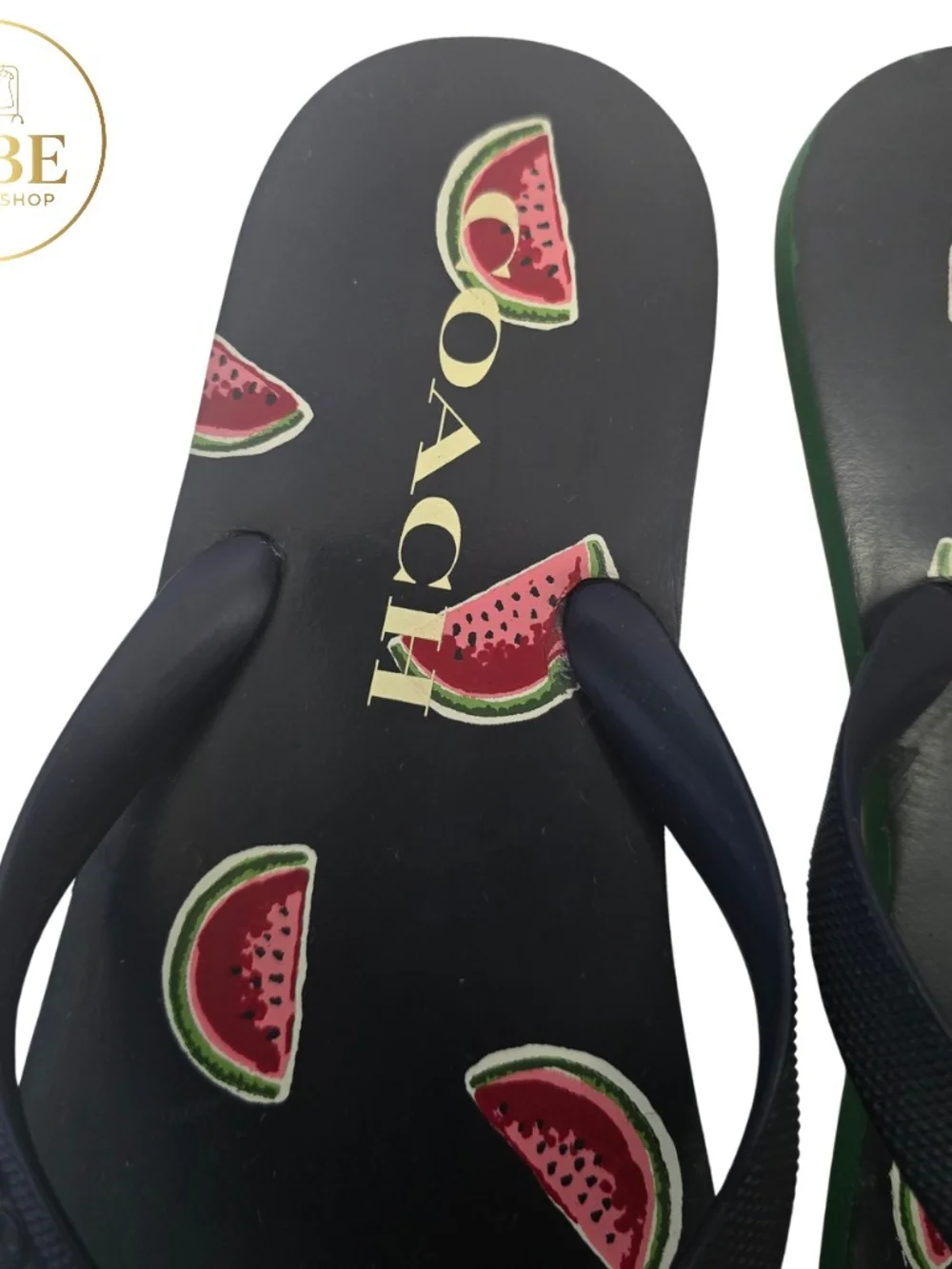 Coach Black Flip Flops with Pink & Green Watermelon Motif